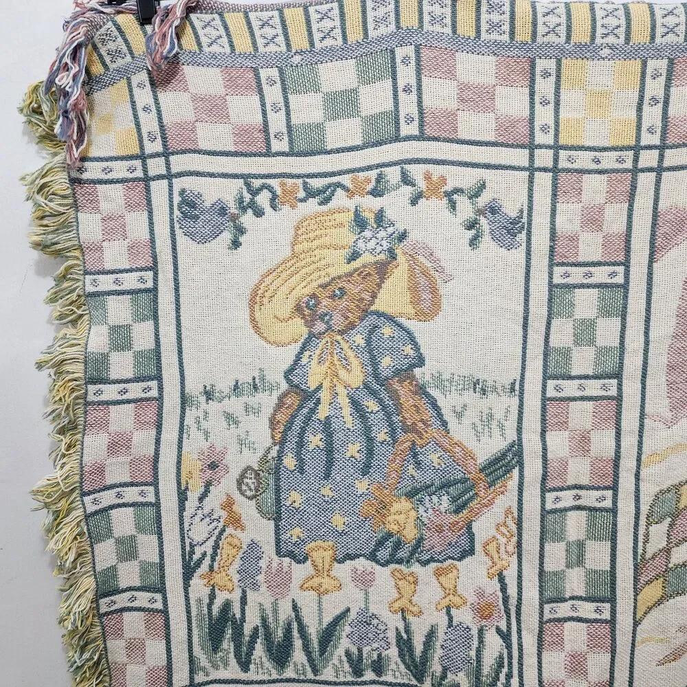 Vintage Teddy Bear Woven Tapestry Throw Blanket Fringe Farmhouse Country 66x48